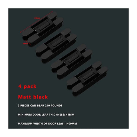 Four Pack Hidden Door Hinges Totally Discreet Heavy Duty Adjustable Mounting Kit For Solid Wood Doors Matte Black Finish, dimensions shown.