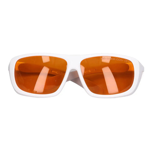 Straight Up Heavy Duty Laser Safety Glasses Broad Spectrum OD Five Plus Coverage Shielding Eyes From Intense Light And Harmful Radiation Wavelengths One Nine Zero To Five Hundred Nm White front view with orange lenses