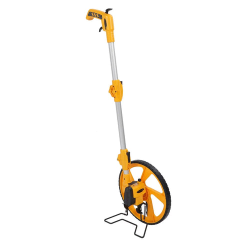 CFTGIW Measuring Wheel Portable Accurate 0-9999.9m Double Folding Tool for, yellow measuring wheel with a sturdy design on a stand.