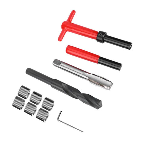 Heavy Duty Stainless Steel Thread Repair Kit With Twisted Drill And Wrench For Fixing Stripped Screws In Home Or Garage Projects Perfect For Any Tough DIY Job That Needs A Quick And Durable Fix Without Breaking The Bank. Stainless steel thread repair kit with drill, tap, wrench, inserts
