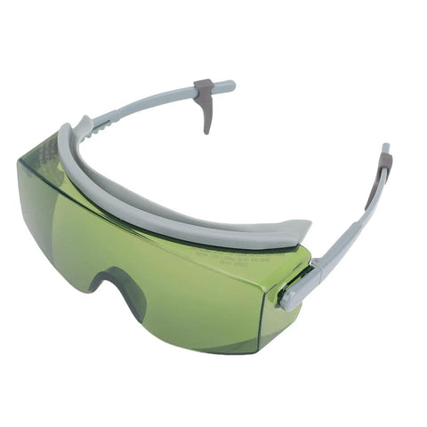 Heavy Duty Laser Safety Glasses With Flexible Arms For Lab Work And Welding Projects Kicking Harsh Uv Rays To The Curb While Shielding Eyes From Bright Blue Light, green-tinted, wraparound design.