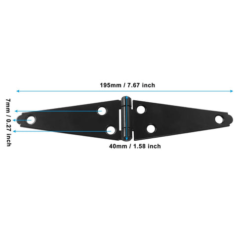 Heavy Duty Black Strap Hinge Set For Wooden Garden Sheds And Backyard Gates Built Tough Four Inch corrosion resistant iron tee hinge, 195x40mm size.