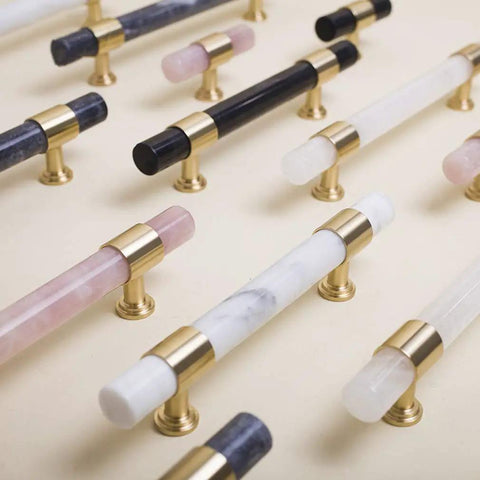 Clear Crystal Marble T Bar Cabinet Handles With Solid Brass Base Drawer Pull Knobs For Kitchen Bathroom Dresser And Closet Euro Style Furniture Hardware Upgrades Featuring A Slick Finish in various colors on display.