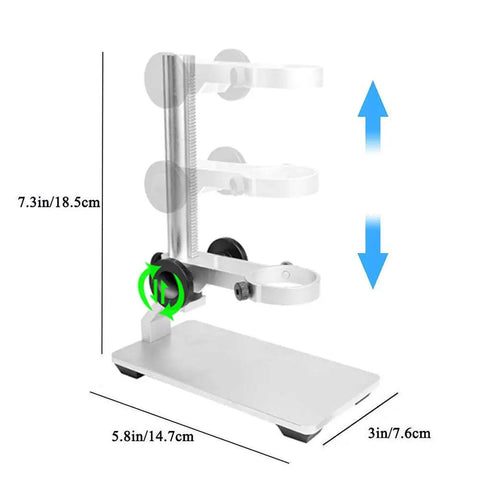 Heavy Aluminum Microscope Stand For USB Digital Microscopes Adjustable Support Fits 1 To 1.4 Inch Diameter Tubes showing 18.5 cm height and 14.7 x 7.6 cm base