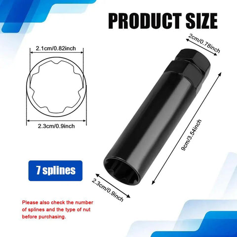 Diagram of 7 Spline Lug Nut Socket Wheel Lock Key Replacement for Aftermarket Lug Nuts with measurements