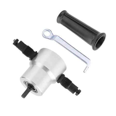 Heavy Duty Metal Nibbler Drill Attachment With Double P Blade For Stainless Steel Iron Aluminum Copper Sheet Cutting Portable Electric Hand Tool Precision Shearing, includes handle and wrench.
