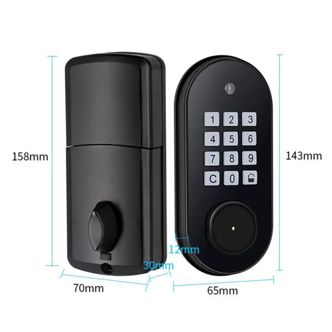 Electronic Keypad Deadbolt Door Lock With Automatic Front Door Locking And Keyless Entry Design Featuring Anti Peep Virtual Passwords, black with dimensions.
