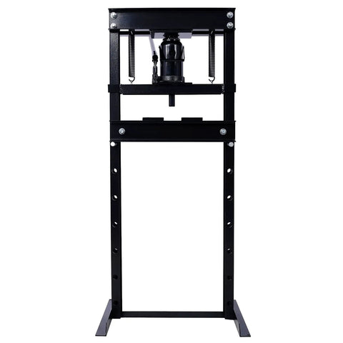 20 Ton Hydraulic Shop Press With Rugged H Frame Base and Smooth Adjustment Plate, front view of sturdy metal construction.