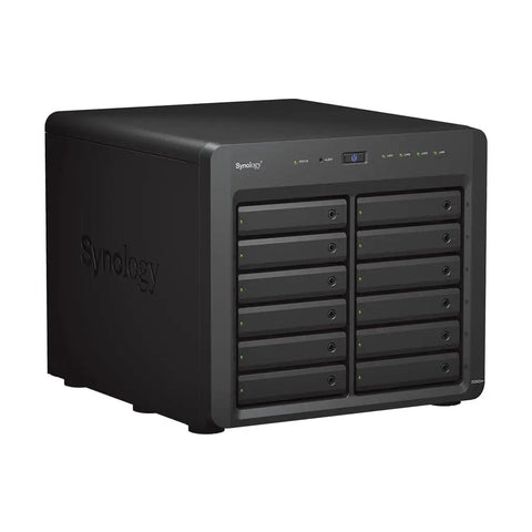 Top Tier Twelve Bay Network Attached Storage Server Powered By Six Core Xeon Processor With Forty Eight Gigabytes Ram And Ninety Six Terabytes Ssd Drive Built Different For Killer Performance Daily, shown in a black tower design.