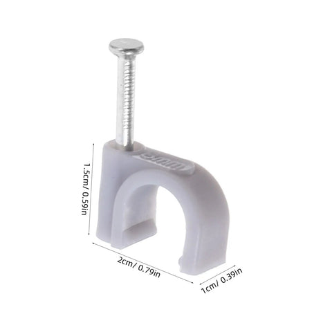 Gray cable clip with steel nail, part of 100 Pcs Wire Staples And Cable Clips With Steel Nails PE Material for Ethernet and Coaxial Cables.