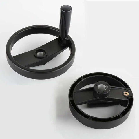 Get Ready To Tame Any Machine Tool With This Super Cool Lobqips Foldable Hand Wheel boasting A Snazzy Rotating Grip And Plus Fits Smoothly Into 10 To 20mm Bore Sizes For Total Control And Awesome Durability. Black plastic foldable machine hand wheel with rotating grip, shown front and back