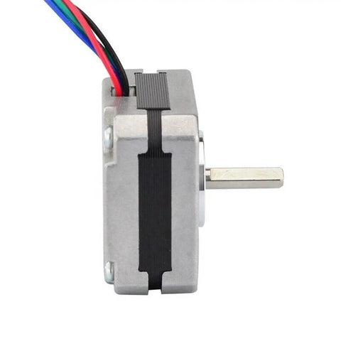 2 Pack Nema 17 Stepper Motors For DIYers And Makers Of 3D Printers And CNC Machines - 1A 13Ncm 42x42x20mm, 4 Wire 2 Phase, 5mm Shaft, Quiet High Torque, Reliable Precision Motion Control For Prototyping And Hobby Projects. Side view of NEMA 17 stepper motor with 5mm shaft and 4-wire lead.
