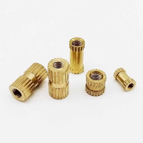 Brass Knurled Insert Nuts Metric Thread For DIY Projects Plus 25pc Assortment M2.5 M3 in various sizes and shapes.