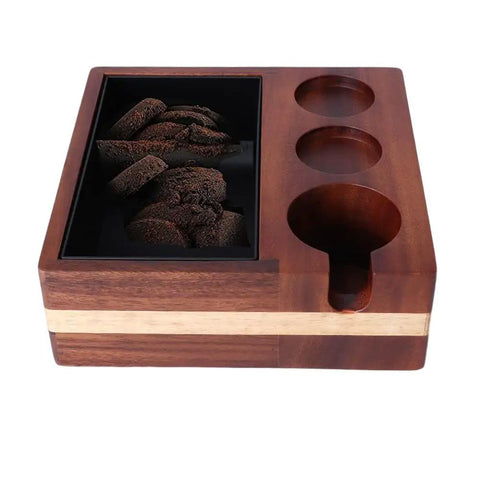 All In One Barista Grade Coffee Knock Box With 58mm Tamper, Distributor Holder, Portafilter Stand And Tamper Holder Station In Walnut Wood