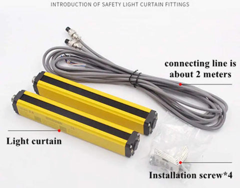 Heavy Duty Safety Light Curtain Sensor For Machinery, visible yellow light curtain sensor with cables and installation screws.