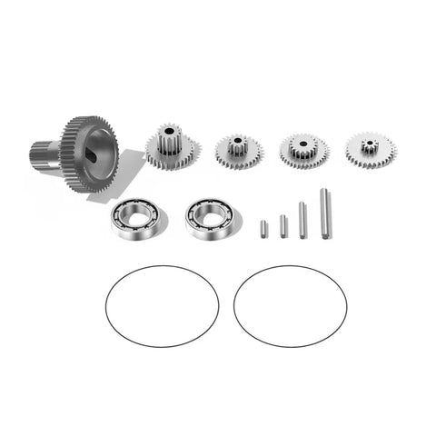 Badass Titanium Metal Gear Upgrade Kit For B44BLS V2 RC Servo with precision bearings and shaft pins laid out on white background.