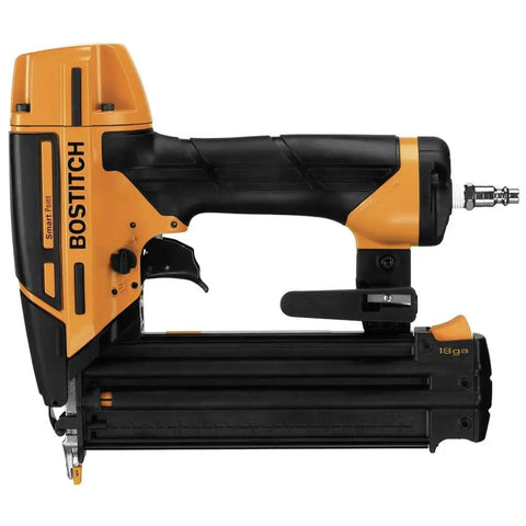 Slick 18 Gauge Brad Nailer Kit side view with ergonomic grip and air connector, part of No Sweat 6 Gallon Pancake Air Compressor Rig.