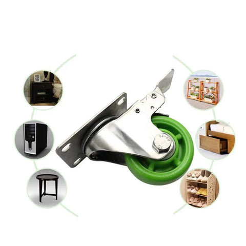 4 Inch Green Swivel Caster Wheels With Brake, Hardcore Industrial Trolley Casters, Stainless Steel Top Plate, close-up with detailed wheel.