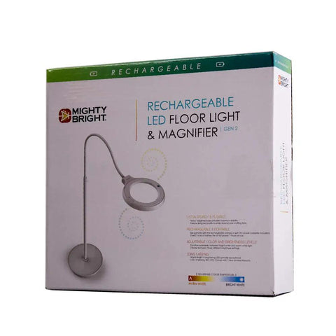 Packaging of Rechargeable LED Floor Lamp With 5-Inch 2X Magnifier And 5X Bifocal, 59 Color-Adjustable LEDs.