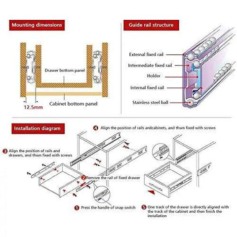 Diagram showing assembly and structure of Two Pack Full Extension Drawer Slides With Ball Bearing Side Mounted Cabinet Kitchen Furniture Rails 11 Inch Black