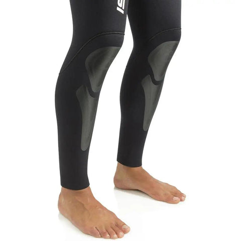 Close-up of lower leg design on 5mm Full Two-Piece Wetsuit For Spearfishing And Freediving In Black, XL, Soft Open-Cell Neoprene.