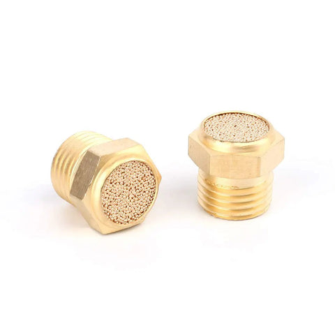 Top Shelf Solid Brass Pneumatic Exhaust Muffler Silencer With 1/4 Npt Male Thread 10 Piece Pack showcasing two brass exhaust mufflers.