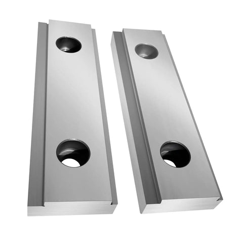 Top Shelf Six Inch Steel Double Step Milling Vise Jaws For Cnc Workbench Rigs Kurt Gmt Style Frames Hrc58 Hardened Alloy Replacement Grips Shop Ready, close-up view of steel jaws.