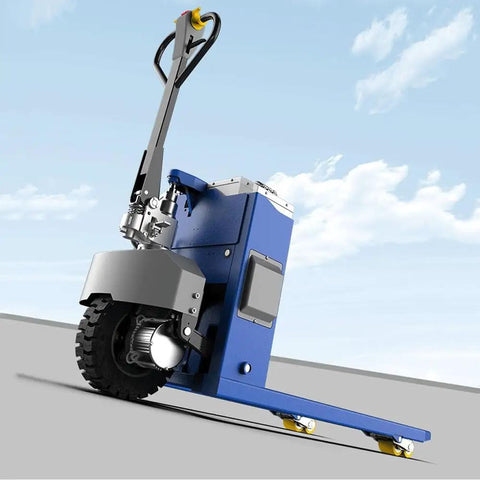 Powerful 6600 Lb Electric Pallet Jack With Lithium Battery And 48V Rechargeable Power For Heavy Duty Warehouse Work Plus Removable Packs and Silent Wheels on a surface with clear sky.
