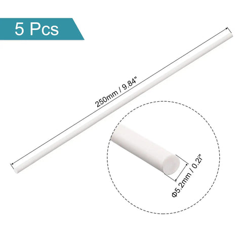 Awesome White ABS Plastic Round Rod 5.2mm X 250mm Solid Craft Bar For DIY Model Making Architectural Mockups And Sand Table Projects Great For Window Frames Doors Pillars And Details Pack Of 5 shown in detail with dimensions.