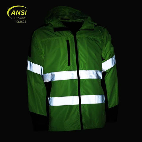Front view of Hi Vis Hooded Windbreaker Safety Jacket With 2 Inch Reflective Tape ANSI Class 2 Compliant Water Resistant Shell Lime