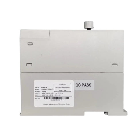 Heavy Duty 11kW 15HP VFD With RS485 Protocol For Crane System Automation Control AC Drive, Rugged Inverter For Hoists And Material Handling, Industrial Speed Control, Durable Industrial Grade Performance, gray inverter side view