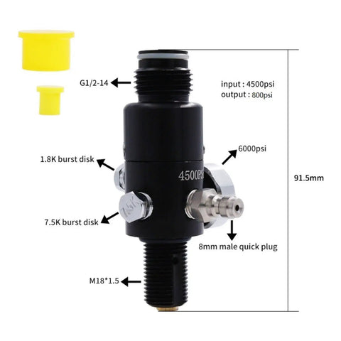 4500 PSI Paintball Air Tank Regulator And Gauge with Durable Beefy Aluminum Body, M18x1.5 Output 800 PSI, Pro Grade Design
