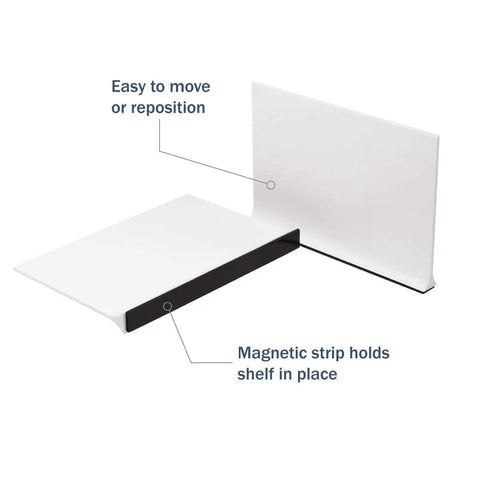 Heavy Duty Magnetic Shelf Divider Keep Your Kitchen Space Tight Six By Four Inches White Plastic Tray With Beefy Black Magnet Backing, easy to reposition.