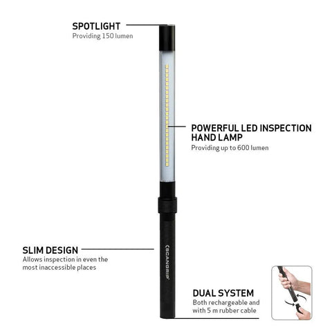 Rechargeable Inspection LED Work Light With Top Spotlight 600 Lumen Removable Cord Handheld Slim Design IP65 Waterproof