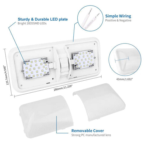 Lit 12V LED RV Ceiling Light Double Dome Fixture 1100 Lumen With On Off Switch Five Pack Natural White 4000K To 4500K interior view