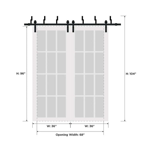 Dimensions diagram of Quadro 4002 Interior Barn Bypass Sliding Doors With Frosted Glass And MDF In Black Modern Style Hardware Included