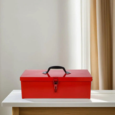 Tough As Nails Red Metal Toolbox Organizer With Secure Latch Closure And Rugged Portable Handle Engineered For Spacious Workshop Storage And Heavy Duty Tool Organization on white table.