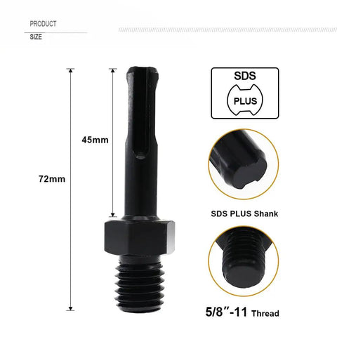 Core Drill Bit Adapter Five Eighths Inch 11 Thread Male To SDS Plus Shank showing 72mm total length and 45mm shank