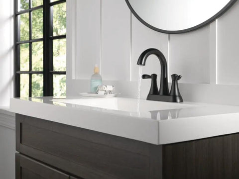 Modern bathroom vanity with Esato Centerset Chrome Bathroom Faucet With Drain Assembly Included and black handle design