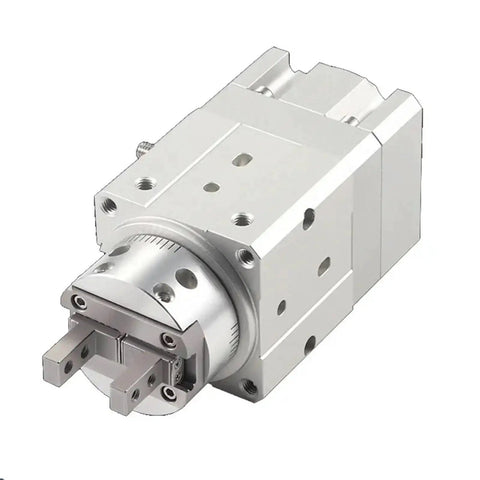 Top Shelf Angular Rotary Pneumatic Cylinder Piston Grip Unit Plug And Play Setup Smooth Operation Built Tough To Crush Any Job Fast Install Zero Hassle Guarantee MRHQ16D Model showing silver aluminum grip mechanism.