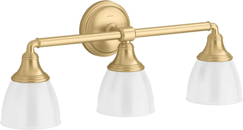 Devonshire 3 Light Wall Sconce Vanity Light in brushed nickel with frosted glass shades, mount up or down, damp location use.