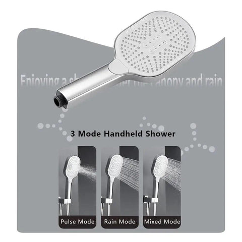 Slick Wall Mounted Shower System Featuring Embedded Digital Led Temperature Display And Heavy Duty Waterfall Rain Head In Matte White And Brushed Gold, Handheld shower with 3 modes.