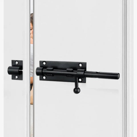 No Sweat Security With These Heavy Duty Black Stainless Steel Slide Bolts And Barrel Locks Perfect For Gates Barn Doors And Porch Entrances Features Built Tough As Nails Construction Includes Two Pack mounted on white door.