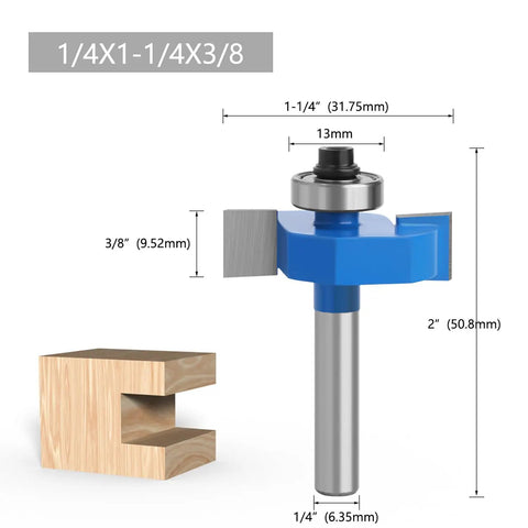 Four Piece Rabbet Router Bit Set Featuring One Quarter Inch Shanks And Six Swappable Guide Bearings Constructed From Heavy Duty Carbide Steel with dimensions displayed.