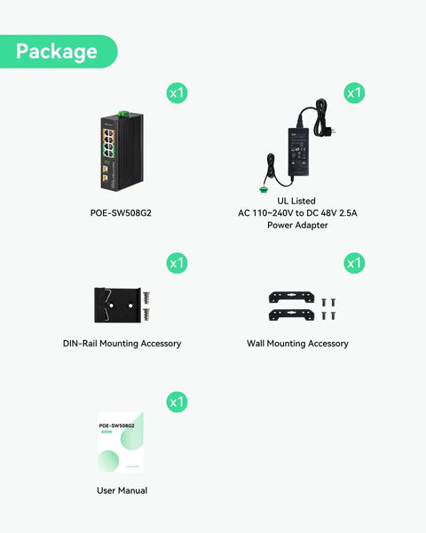 Package contents of 8-Port Full Gigabit PoE Switch Workhorse With 4 BT90W PoE Plus Ports With 120W PoE Budget And 2 Gigabit SFP Uplinks NDAA Compliant DIN Rail Mount For PTZ Cameras Lighting And Monitors; includes power adapter, DIN-rail, and wall mounting accessories.