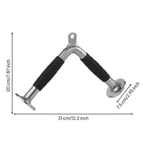 Triceps Training Bar For Cable Pulldown And Pressdown with rubber grips, dimensions marked 31x20x7.5 cm