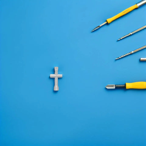 Top Tier Mini RC Wrench Equipped With M2 M2.5 M3 Cross Socket Configurations For Quick Fixes And Absolute No Sweat Scale Model Assembly That Really Hits Different on blue background.