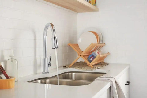 High Arc Pull Down Kitchen Faucet With 3 Function Sprayer And POWERinse Technology installed on kitchen sink