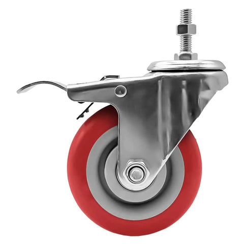 Smooth Cruising 4 Inch Red Polyurethane Caster Wheels With Dual Locking Brakes And Threaded Stem Mount side view of red caster wheel