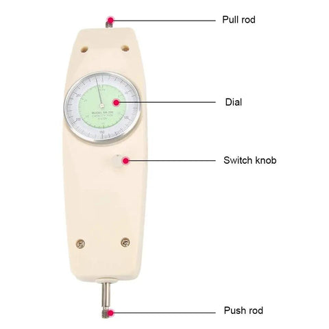 300N Analog Dynamometer Handheld Push Pull Force Gauge for Electronics and Hardware Testing with Pro Grade Dial Meter and Easy Benchtop Use Great for lab work and field testing Auto shop projects and rugged construction., front view with pull rod and push rod